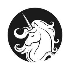 Unicorn silhouette in a circle stamp set. Fantasy magical mystic horse tattoo clipart set. Product design t shirt sticker print.