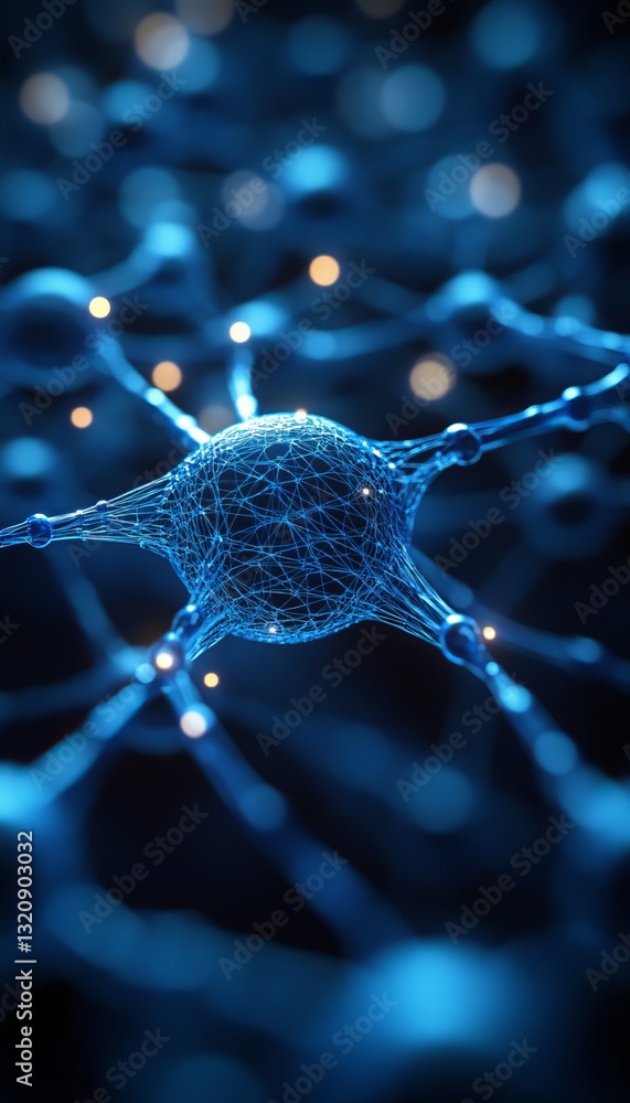 Poster blue neural network abstract interconnected nodes and lines, science, technology background.