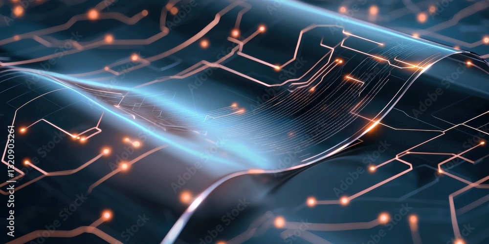 Poster material science coatings concept. digital circuit board with glowing connections in a futuristic de