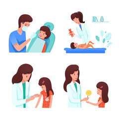Fototapeta premium Children health at clinic set. Doctor makes vaccination girl, gives lollipop as reward. Pediatrician measures temperature baby, shows toy. Dentist checkup teeth boy. Cartoon vector illustration.