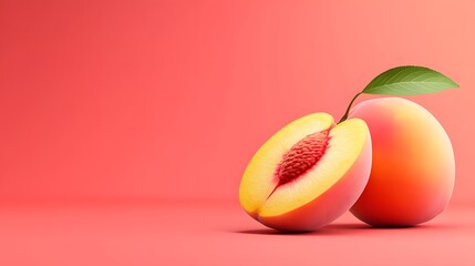 A perfectly cut peach in half displaying its juicy flesh and beautiful color ideal for summer recipes and snacks