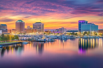 Obraz premium Hampton Virginia Downtown Waterfront at Sunset: Colorful Sky and City Landscape