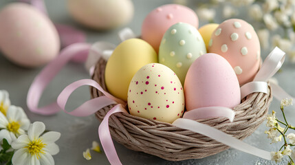 Assorted chocolate Easter eggs in pastel colors of pink, yellow, and green, arranged in a basket with decorative spring flowers and pastel ribbons.