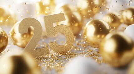 Happy 25th Birthday Celebration. Gold Party Decoration with Number 25 in 3D Rendering
