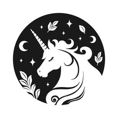 Unicorn silhouette in a circle stamp set. Fantasy magical mystic horse tattoo clipart set. Product design t shirt sticker print.