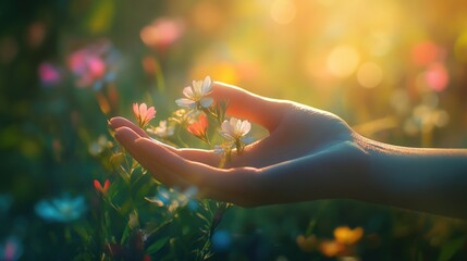 A gentle human hand cradles delicate wildflowers in a meadow