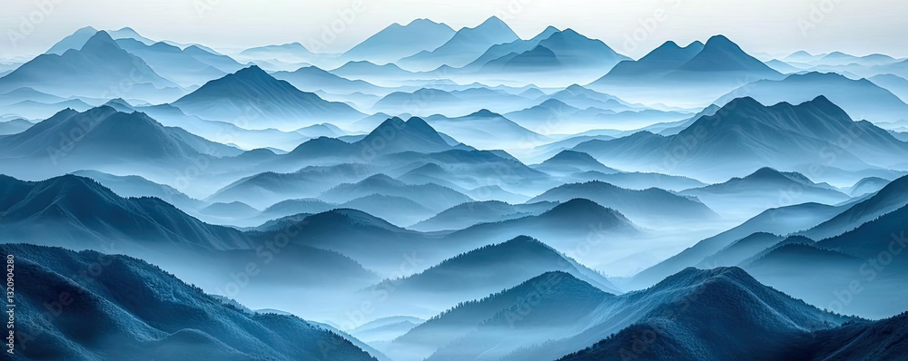 Poster abstract landscape background idea. a serene view of misty mountains, showcasing layers of blue and 