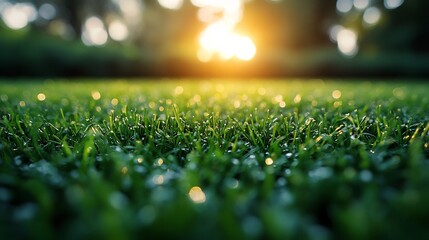 Naklejka premium Vibrant green grass glows softly in warm sunset light. AI Generated