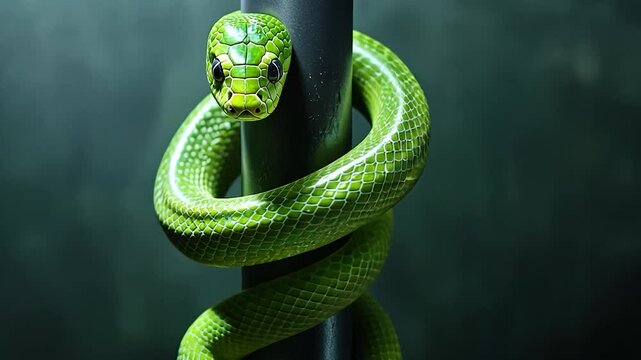 Green snake coiled around a dark pole in a serene, blurred background