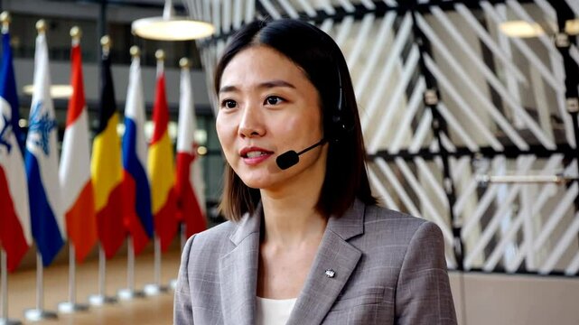 Medium shot of Asian interpreter in suit with headset speaking, international flags background