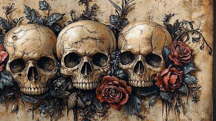 Intricate artwork featuring three cracked skulls adorned with roses