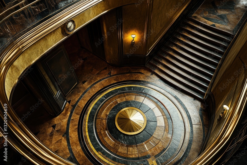 Poster a spiral staircase in a building with a clock on the wall