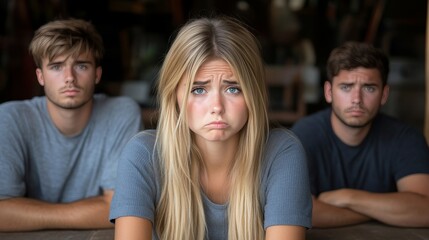 Fototapeta premium Young Woman Looking Sad With Two Young Men Sitting With Arms Crossed, Upset Facial Expression