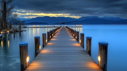Obraz premium Serene Twilight: A Tranquil Lake Pier at Dusk