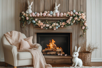 a fireplace with a bunch of stuffed animals sitting on it's mantle and a fireplace with a bunch of fake eggs on top