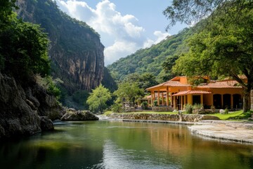 Fototapeta premium Hidalgo Thermal Baths: Serene Nature and River Landscape at Tolantongo