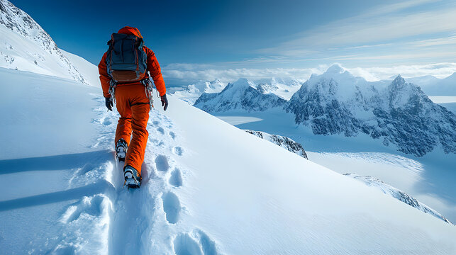 A Greenlandic explorer climbing a steep icy slope, their tracks marking the pristine snow, with vast glaciers and a clear blue Arctic sky stretching endlessly ahead.