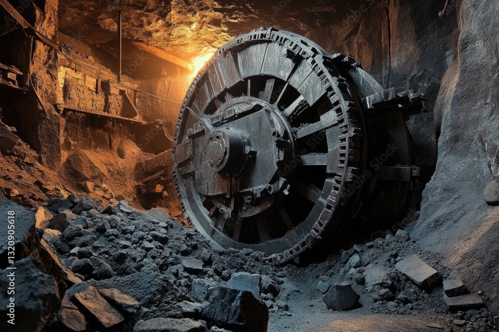Poster a large machine sitting in a tunnel