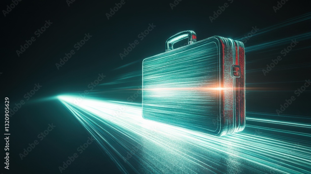 Poster futuristic briefcase surrounded by dynamic light trails depicting speed and innovation in a dark env