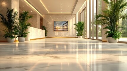 Modern hotel lobby with marble floors and tropical plants