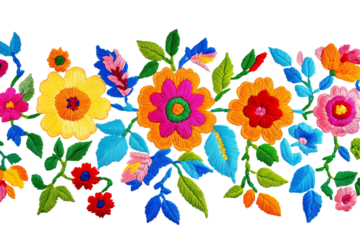 Embroidered frame with Mexican folk floral art isolated on transparent white background