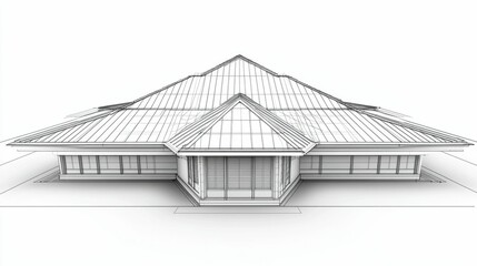 Hip Roof Outline on White Background. 3D Wireframe Architecture Perspective