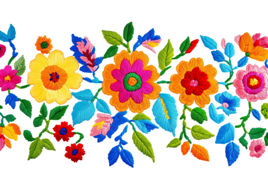 Embroidered frame with Mexican folk floral art isolated on transparent white background