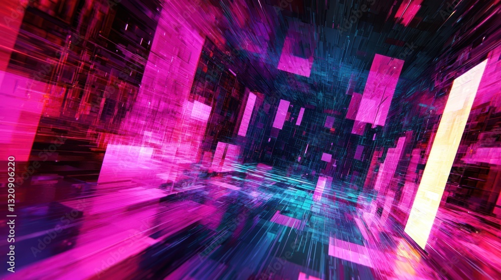 Poster neon dreamscape: a vibrant digital art piece showcasing a futuristic, abstract environment with glow