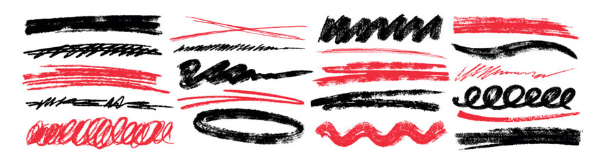 Hand drawn crayon underlines, charcoal texture strikethrough, chalk pencil scribbles or brush strokes. Handwritten squiggles, , smear strips curly lines, doodle freehand elements on white background.