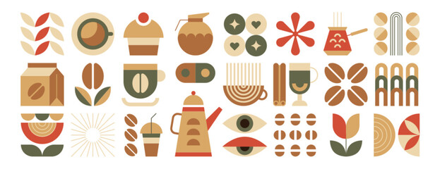Vector set of geometric bauhaus coffee minimalist elements. Abstract minimal leaves, natural organic plants, beans, drink cup, pot, sweet bakery for restaurant cover design, food package or cafe menu