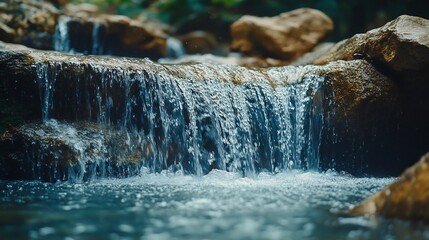 Serene Waterfall Cascading Over Smooth Rocks. AI Generated
