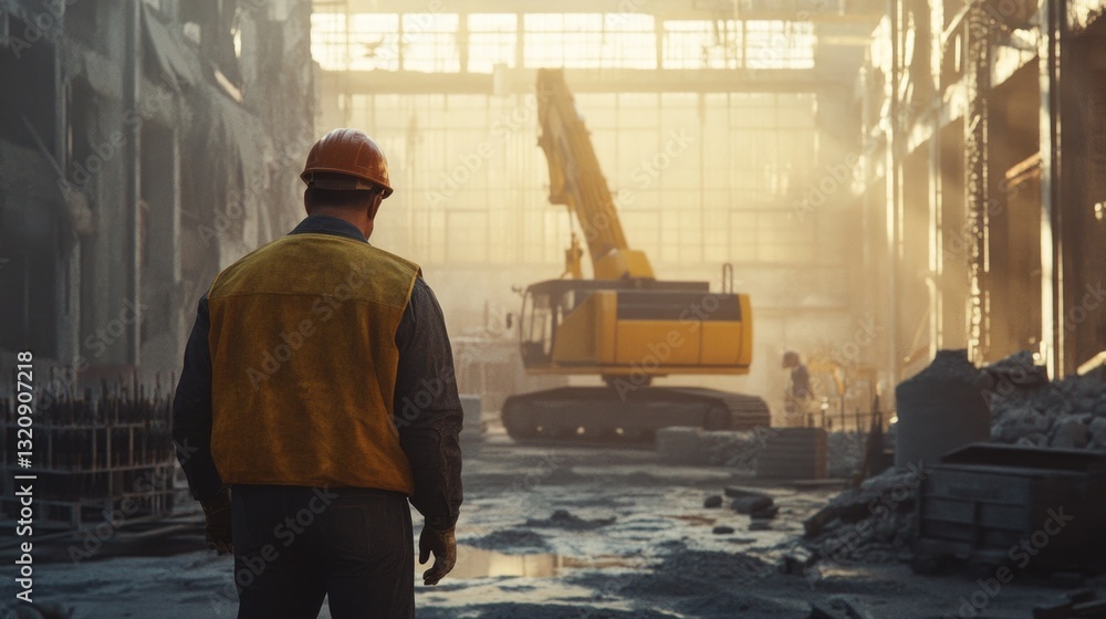 Poster a construction worker stands in a large building