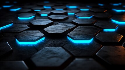 Obraz premium Abstract Dark Hexagon Grid Glowing Blue Light. AI Generated