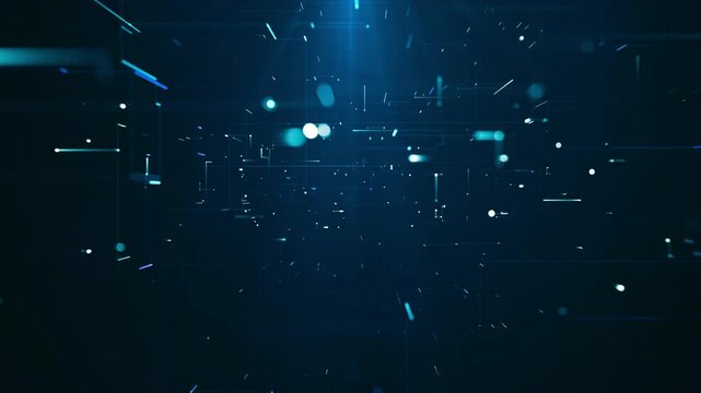 Abstract futuristic digital network with glowing blue particles and dynamic light trails on a dark background. A concept of technology, big data, and cybersecurity.