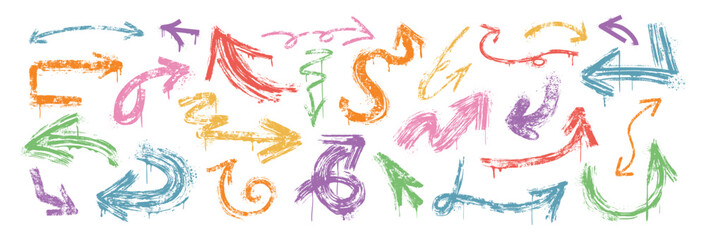 Hand drawn brush stroke arrows different shapes. Colorful bold curly, wavy or squiggly arrow vector set. Spray paint graffiti direction graphic design elements with drips and splatters in grunge style