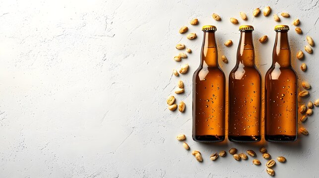Three beer bottles artfully arranged with peanuts scattered around them on a rustic wooden table perfect for social gatherings - Powered by Adobe