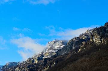 Mountains, Alps, Cross, Religion, Clouds, Italian Alps, Sunny landscape, Winter mountains, Snow, Blue sky.
