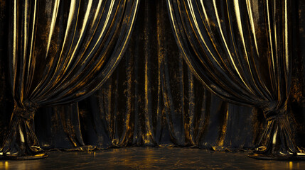 Luxurious black and gold velvet stage curtains elegantly draped for grand performances, prestigious events, and theatrical productions