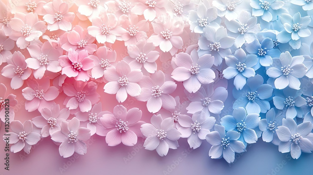 Poster floral illustration abstract background concept. beautiful array of pastel flowers in pink and blue 