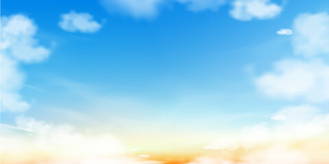 Sky Blue,Cloud Background for Spring,Horizon Summer Clear Sky over beach,Vector landscape nature sunrise in Winter,Spring panorama banner white clouds over blue ocean,Sunset landscape in Autumn