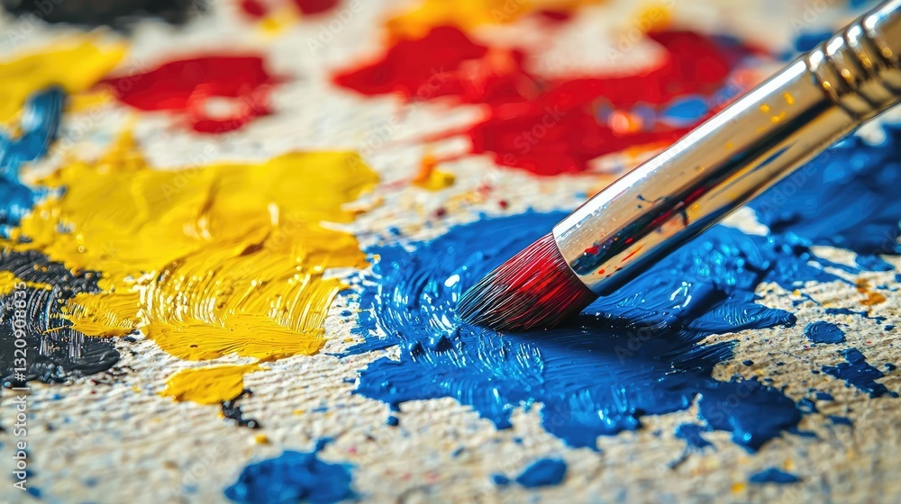 Poster ink illustration abstract background concept. close-up of a paintbrush mixing vibrant colors on a pa
