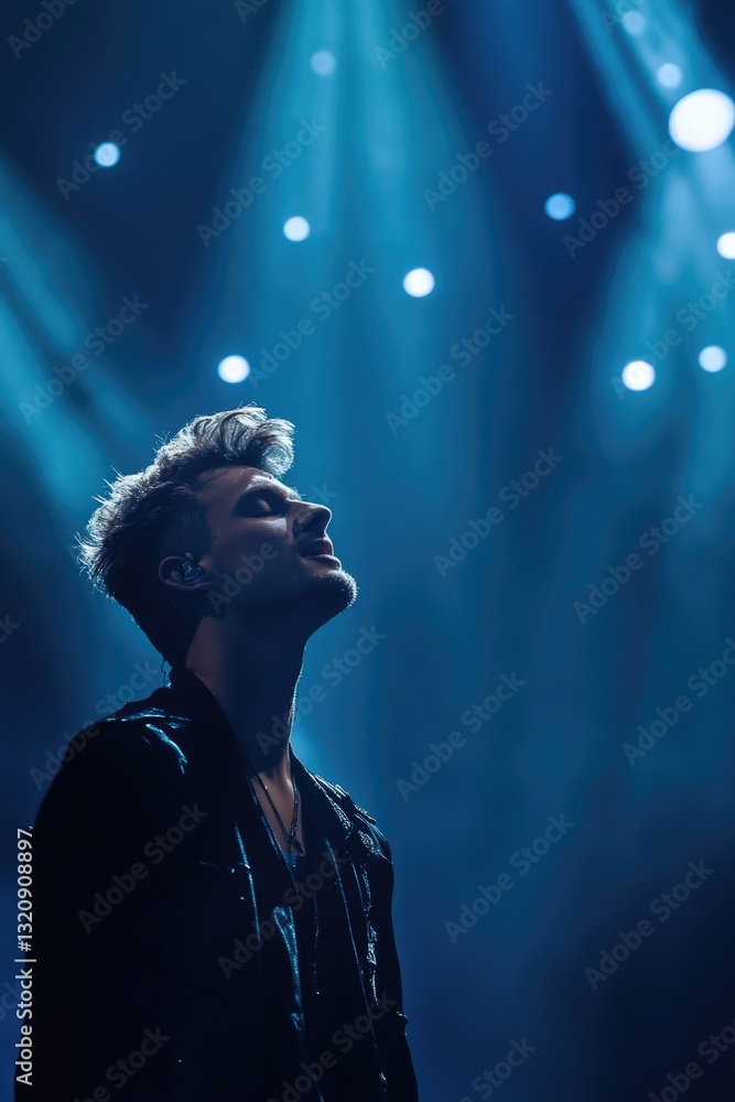 Poster a person standing in front of a stage lit up with blue lights, ready for performance or presentation