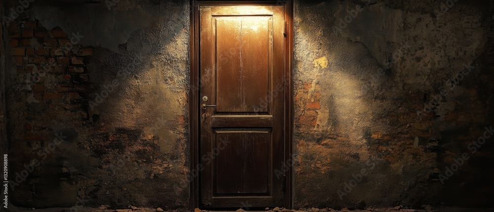 Poster entrance to an old building with a light source, suitable for use in historical or architectural ima