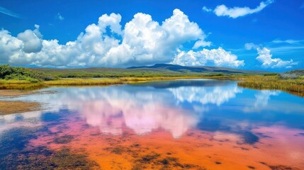 Isabela Island. Beautiful Flamingo Lake with Colorful Landscape and Tropical Water