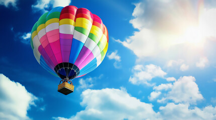 Fototapeta premium Colorful hot air balloon soaring through a bright blue sky with fluffy white clouds, perfect for travel advertisements, inspirational posters, and adventure-themed marketing campaigns