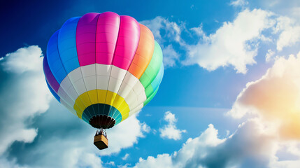 Fototapeta premium Colorful hot air balloon soaring through a bright blue sky with fluffy white clouds, perfect for travel advertisements, inspirational posters, and adventure-themed marketing campaigns