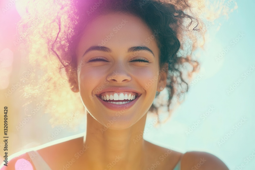 Poster Bright pastel background with a smiling person showcasing dental implants in soft bokeh light