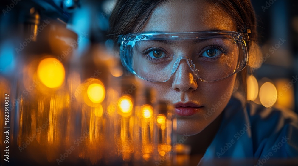 Poster a young scientist closely examines chemical synthesis processes in a laboratory environment.