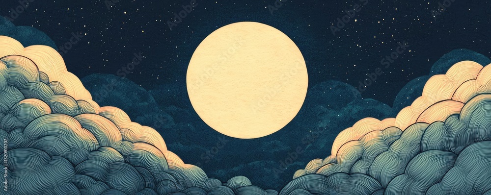 Poster ink illustration abstract background concept. serene night sky with a glowing full moon surrounded b