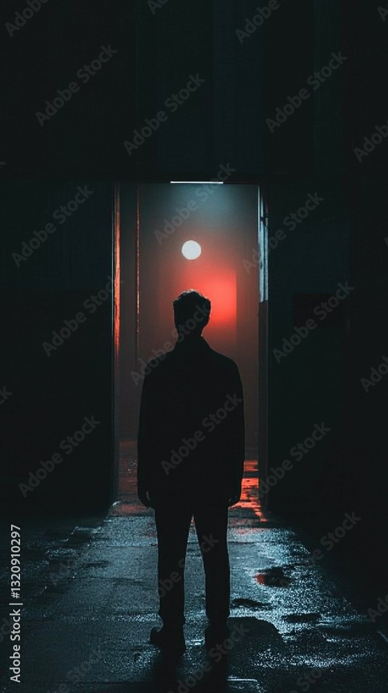 Poster A person stands in a dimly lit space with a red glow in the background